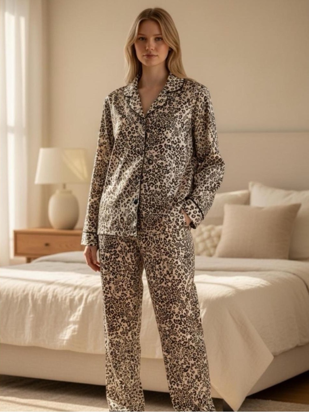 Leopard Print Pajama Set - Cream/Black